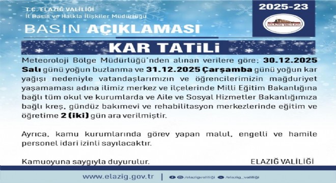 Elazığ’da eğitime 2 gün ara verildi